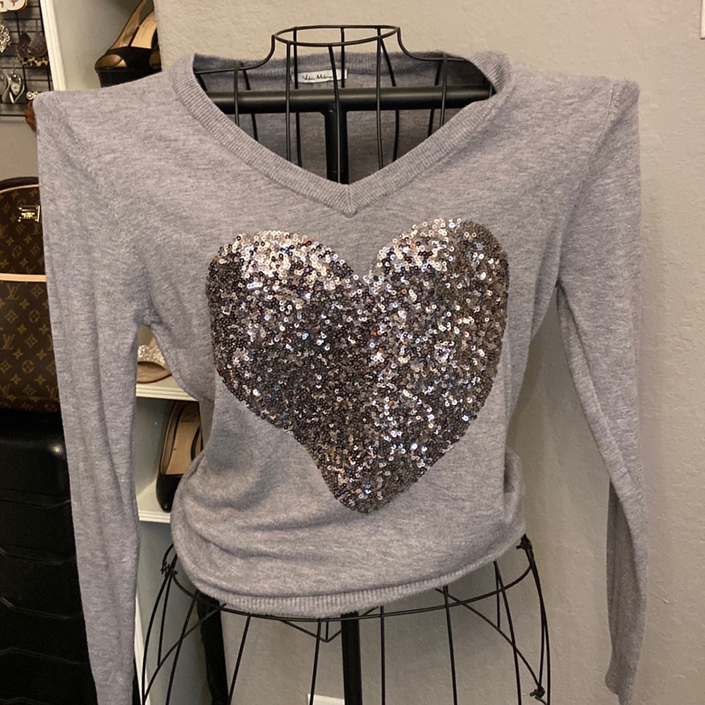 Gray Sequins Heart Sweater
